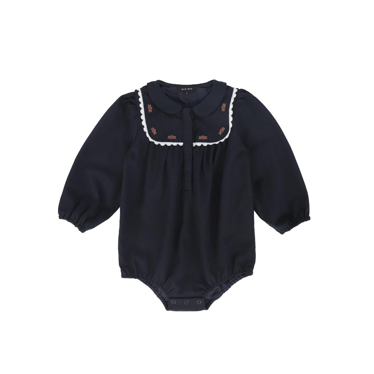 ♥ andmary Baby ribbon tops navy ♥ Bamboo Navy Embroidered Trim Collar Romper – Young Timers Boutique