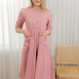 Sewlip Pink Linen Gathered Waist Dress