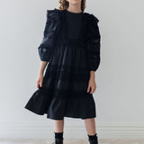 Petite Amalie Black Poplin Lace Ruffle Dress
