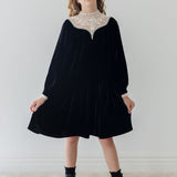 Petite Amalie Black/Cream Lace Yoke Velvet Dress
