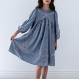 Petite Amalie Blue Cross Stitch Embroidered Cord Dress