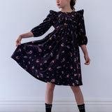 Petite Amalie Black Ditsy Ruffle Yoke Cord Dress