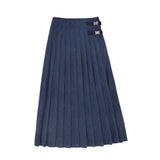 Valentina Navy Pleated Buckle Midi Skirt