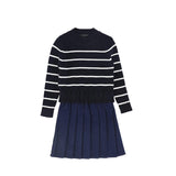 Bamboo Navy Stripe Knit Pleated Dress
