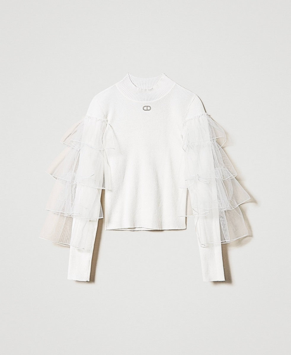 Twinset Off White Tulle Sleeve Turtleneck
