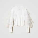 Twinset Off White Tulle Sleeve Turtleneck