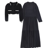 Bamboo Black Scallop Knit Cardigan Maxi Dress