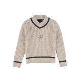 Bamboo Beige Cable-Knit Stripe Trim Sweater