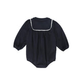 Bamboo Navy Embroidered Trim Collar Romper