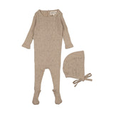 Mema Beige Melange Pointelle Knit Footie Set