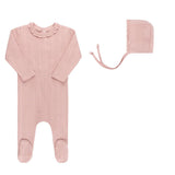 Ely's & Co Pink Lace Trim Pointelle Pink Footie & Bonnet Set