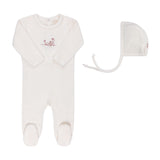 Ely's & Co Ivory Velour Embroidered Flowers Footie And Bonnet