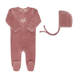 Ely's & Co Pink Velour Embroidered Flowers Footie And Bonnet