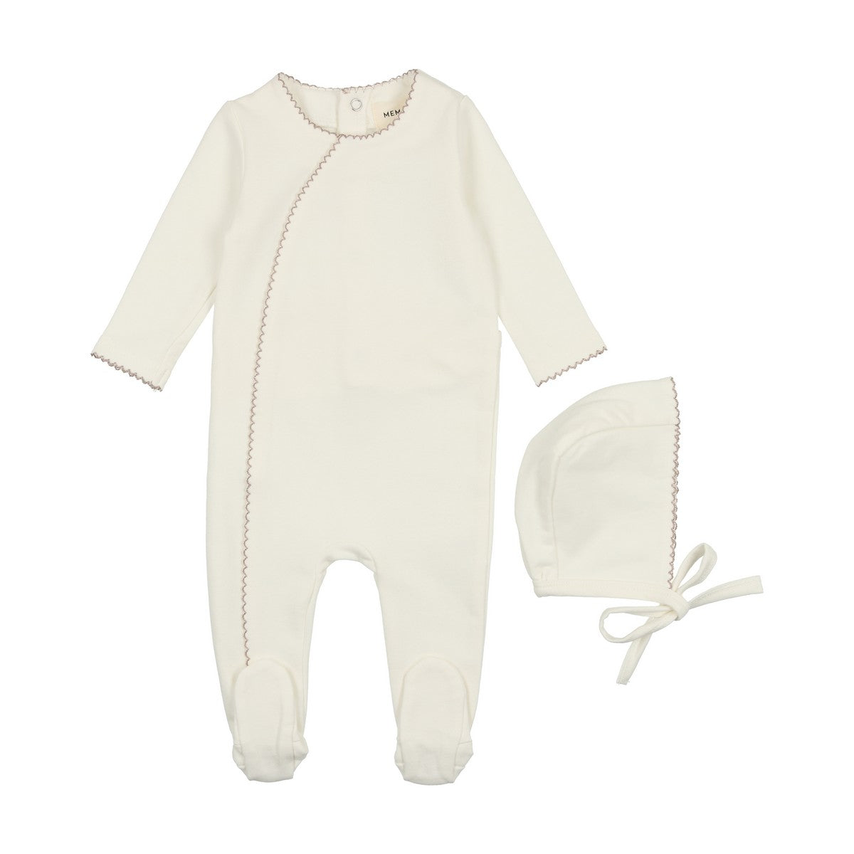 Mema Cream/Taupe Metallic Piped Edge Footie & Bonnet