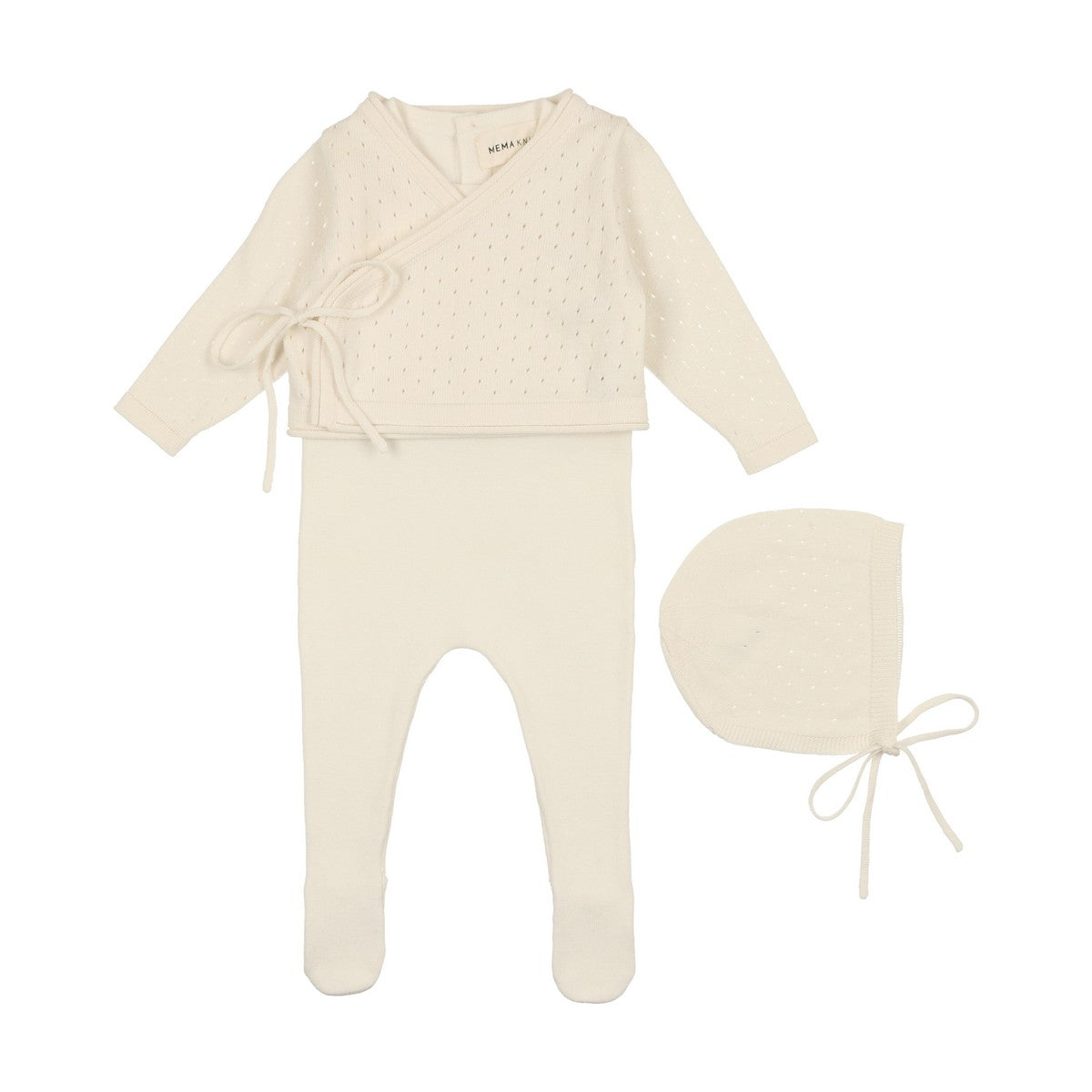 Mema Cream Knit Footie With Cropped Cardigan & Bonnet