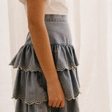 Petite Amalie Light Wash Chambray Embroidered Layer Skirt