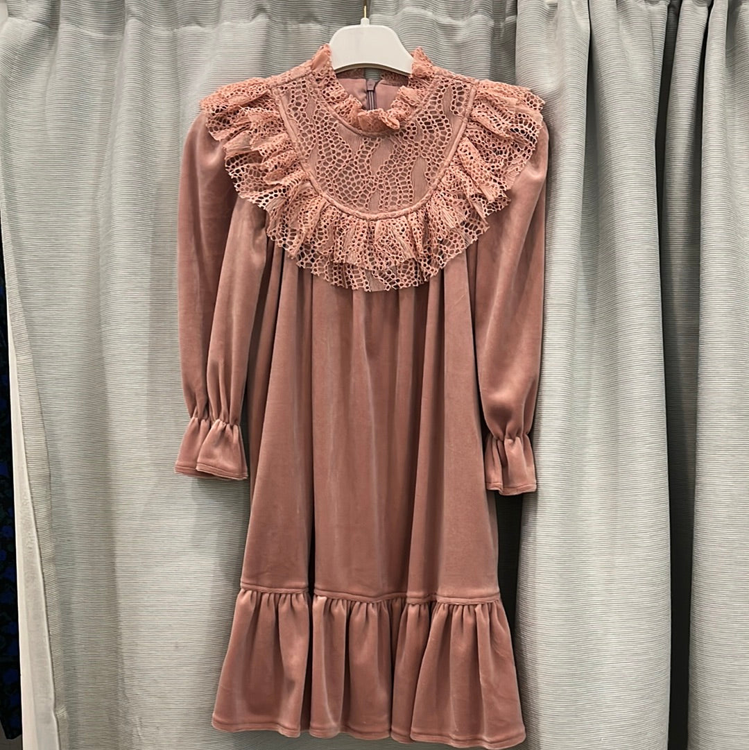 Jouet Pink Cotton Velvet Dress With Lace Frilled Bib Detail