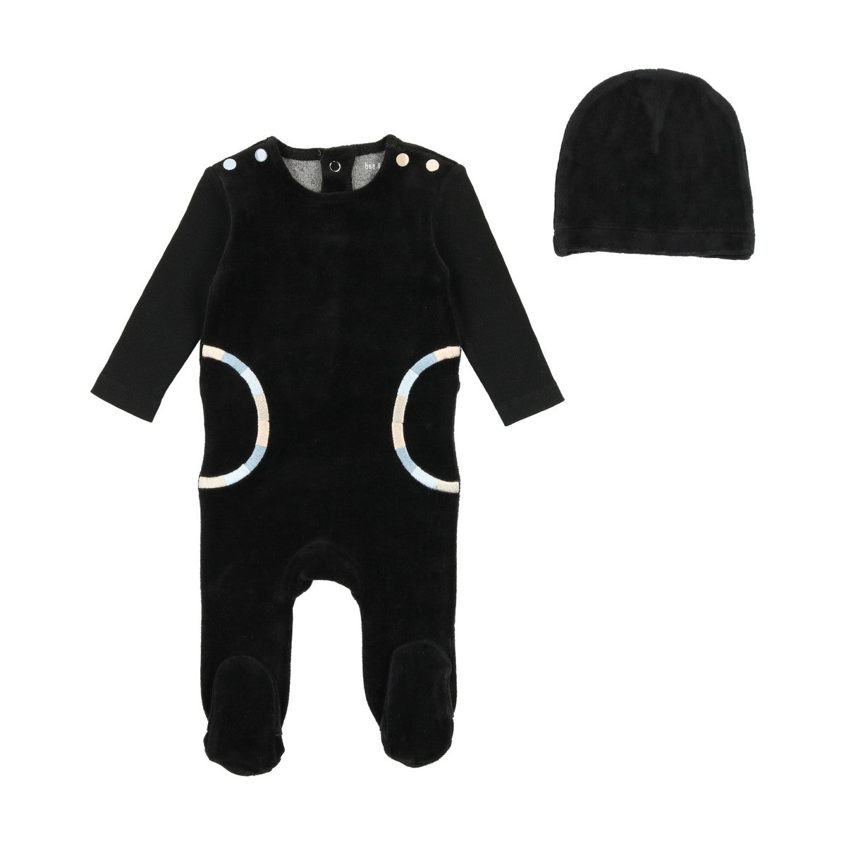 Bee & Dee Black Multicolor Embroidery Footie with Beanie 