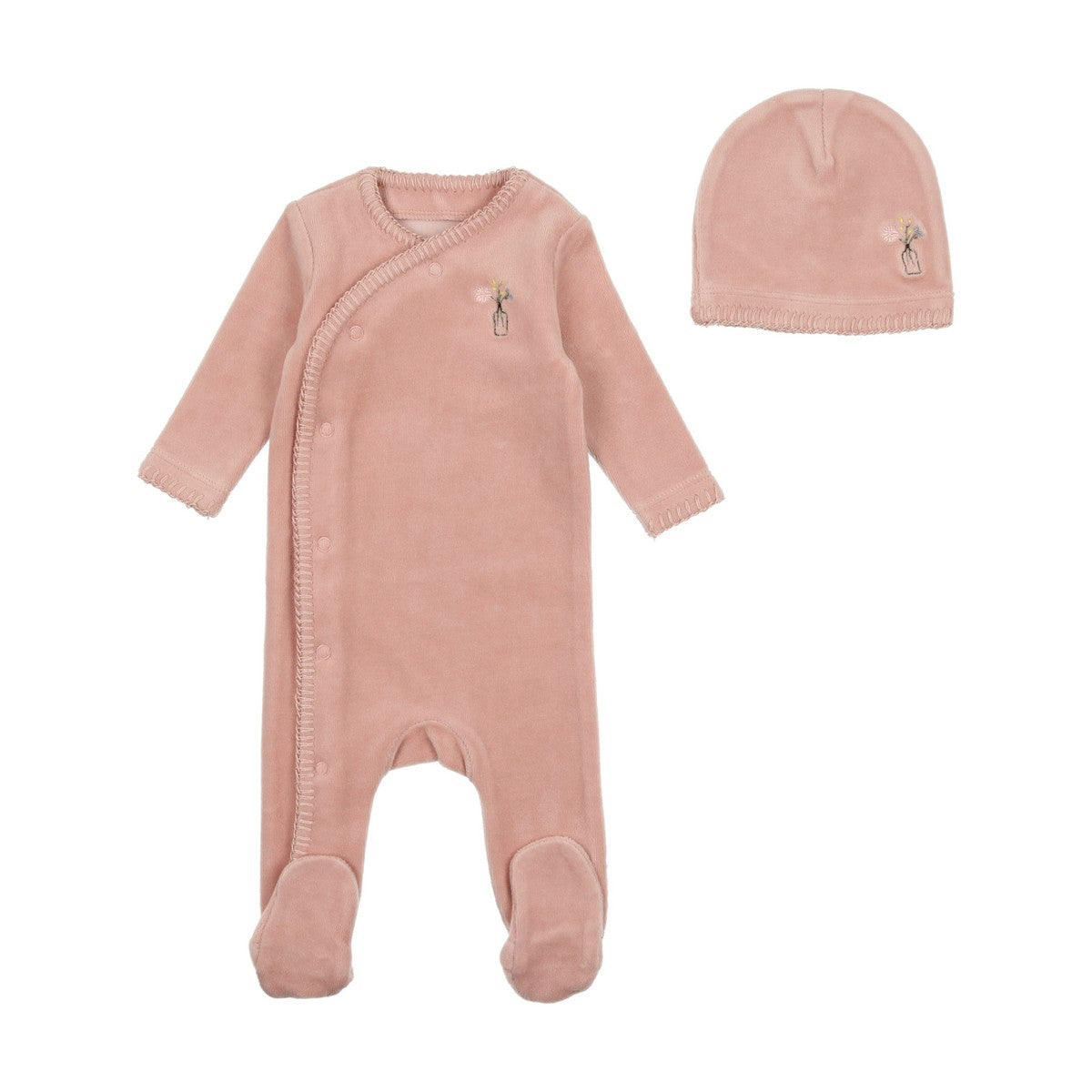 Bee & Dee Dusty Pink Velour Embroidered Edge Footie with Beanie