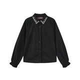 Mallory and Merlot Black Beaded Collared Trim Blouse