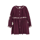 Looms Wine Floral Embroidered Waisted Cotton Dress