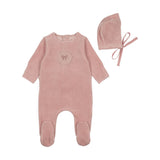 Bee & Dee Champagne Pink Crochet Velour Footie Set