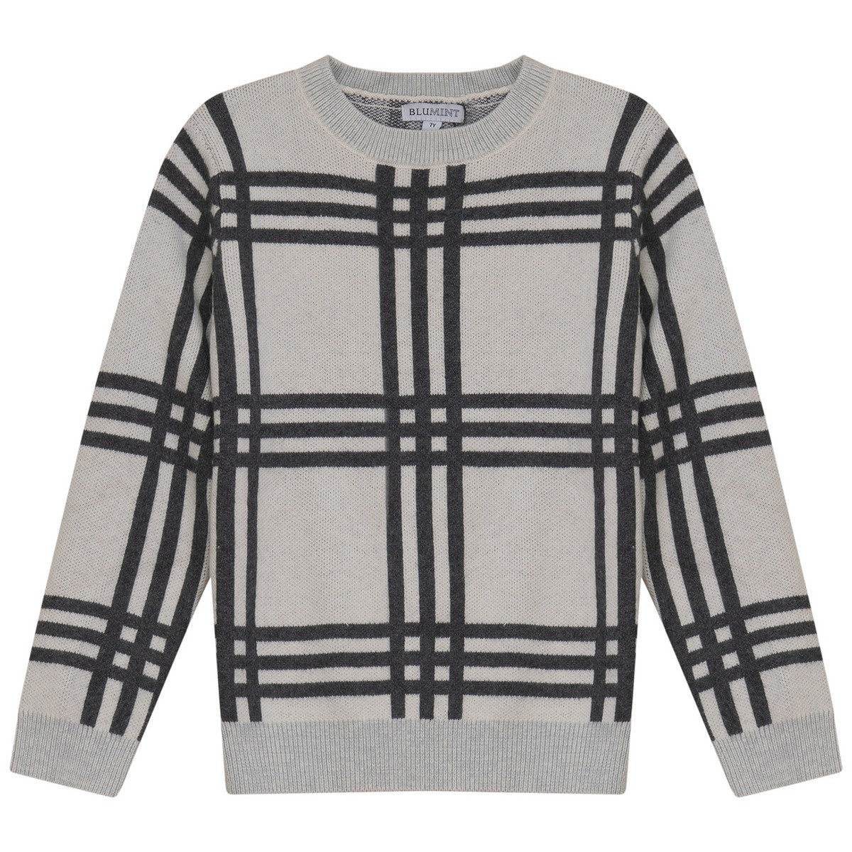 Blumint Cream/Charcoal Plaid Round Neck Sweater