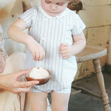 Le Bourdon Beige Stripe Button Pleat Romper