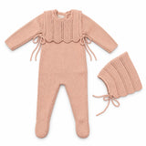 Carmina Pink Crochet Bib Knit Footie Set