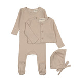 Mema Oatmeal Pointelle Footie And Cardigan Set