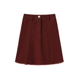 Hello Yellow Burgundy Denim Paneled Skirt