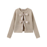 Tustello Oatmeal Cable Knit Bow Cardigan