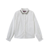 Mallory and Merlot White Beaded Collared Trim Blouse