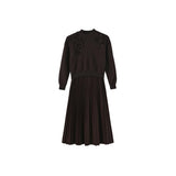 Minimal Wine Chunky Knit Leather Pleated Dress
