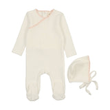 Mema Knits Cream/Pink Tint Velour Embroidered Footie & Bonnet Set