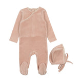 Mema Knits Pale Pink Velour Embroidered Footie & Hat Set
