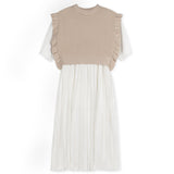 Minimal White Pleated Dress With Pointelle Vest