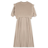 Minimal Taupe Pleated Dress With Pointelle Vest