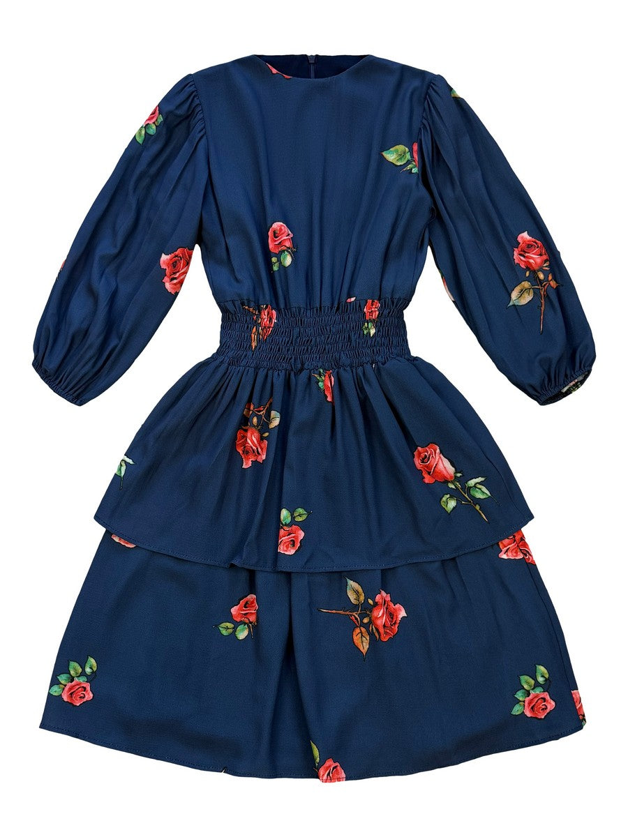Alitsa Navy/Red Floral Waisted Dress