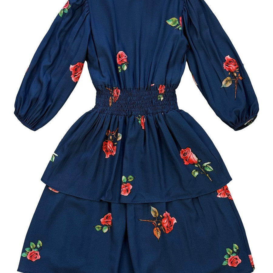 Alitsa Navy/Red Floral Waisted Dress