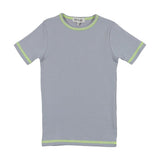 Kin Kin Powder Blue & Neon Green Thread Ribbed 3/4 Sleeve T-Shirt