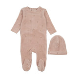 Mema Dusty Light Pink Velour Scattered Cherries Footie Set