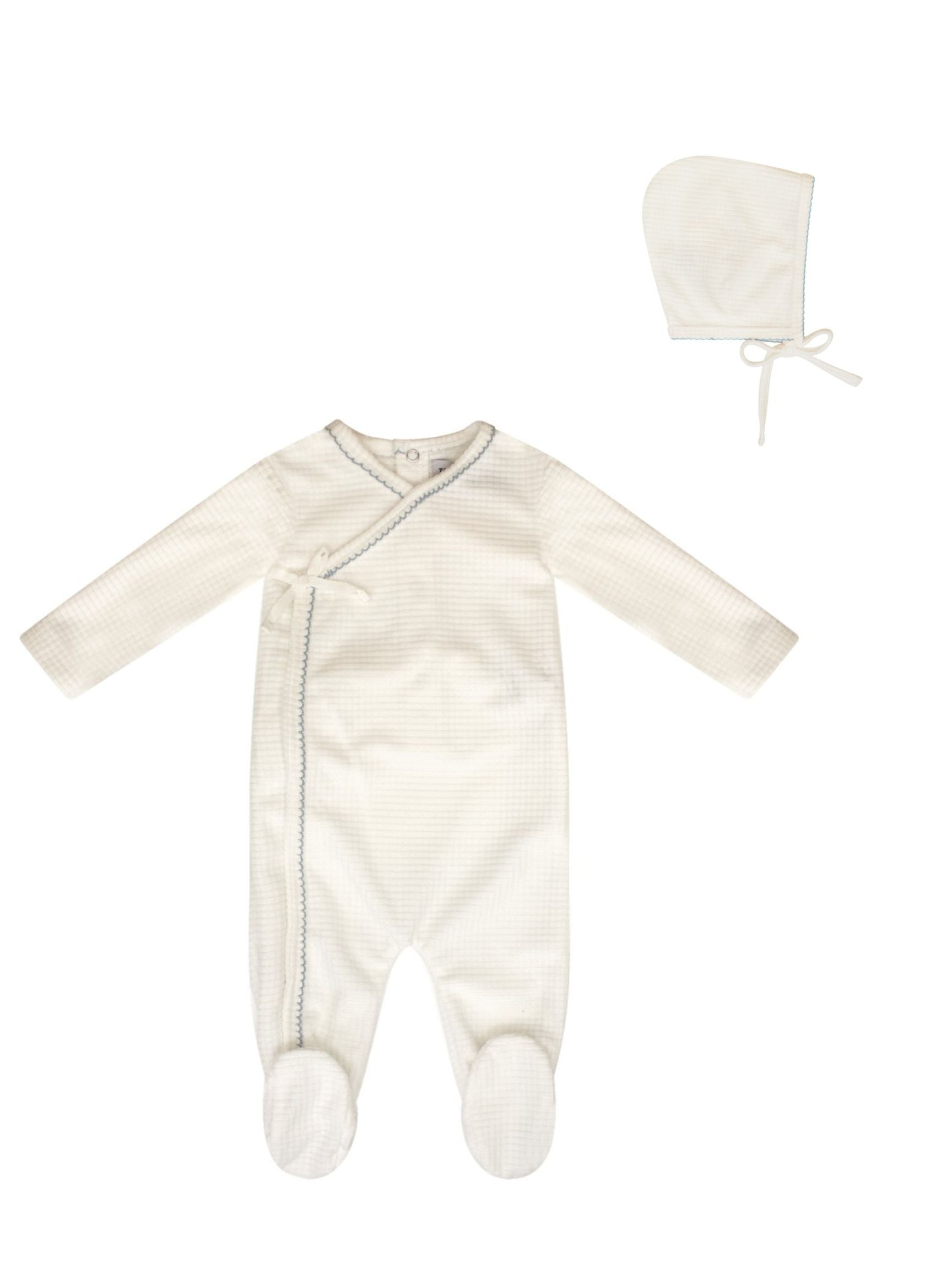 Kipp Blue Velour Waffle Footie & Bonnet