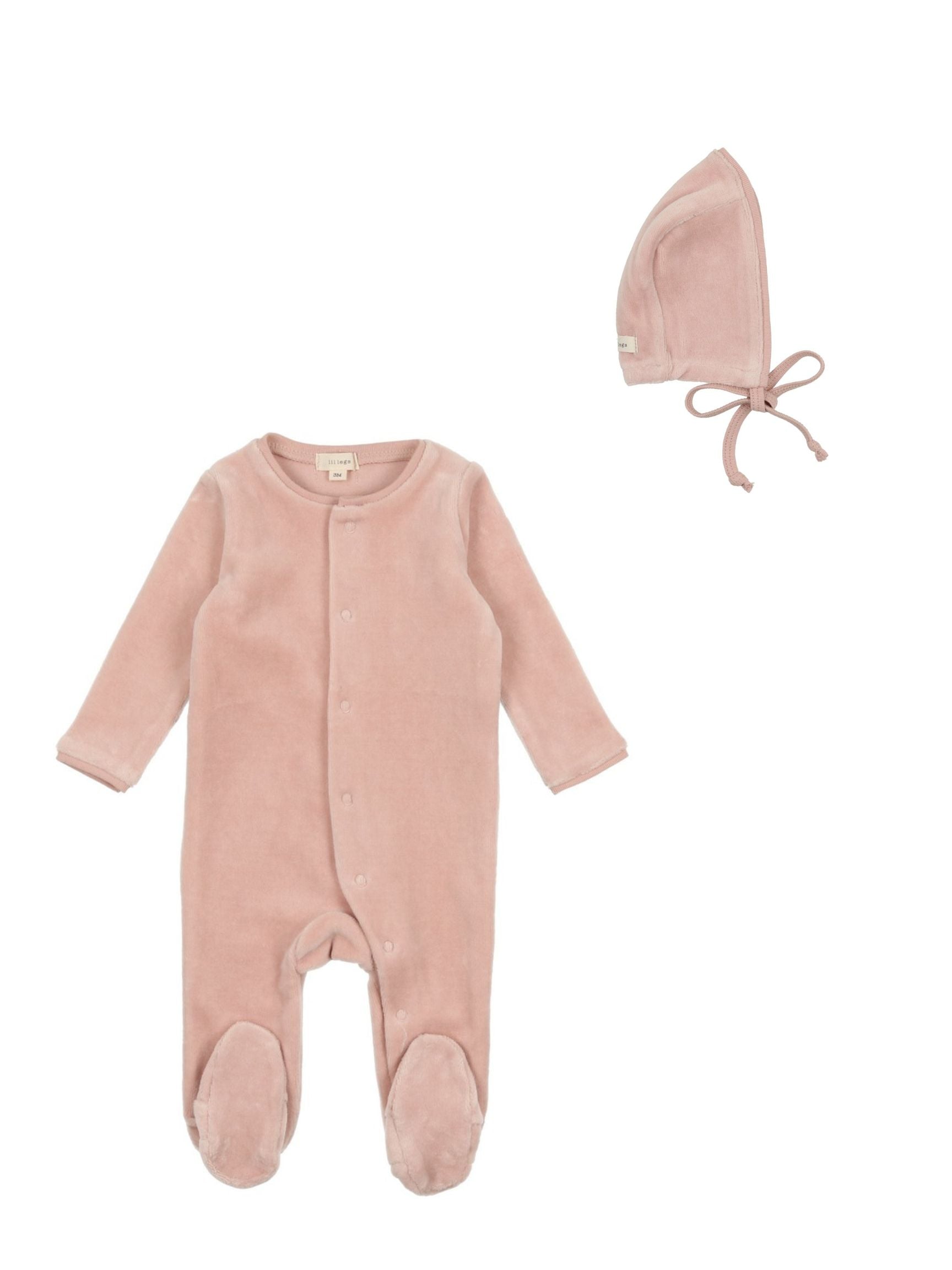 Lil Legs Pink Velour Footie & Bonnet Set