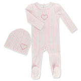 Little Label Pink Heart Herringbone Footie & Hat Set