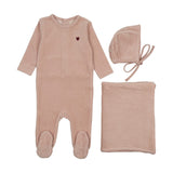 Mema Pale Pink/Rose Brown Heart Ribbed Velour Embroidered Take Me Home Set