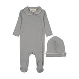 Mema Dove Blue / Winter White Trimmed Collar Footie + Beanie