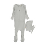 Mema Gray Dawn / Blue Embroidery Embroidered Textured Footie + Bonnet