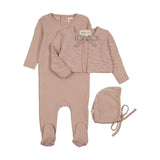 Mema Pale Pink Pointelle Footie + Slub Cardigan + Bonnet