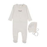 Mema White / Pink Embroidery Floral Footie + Bonnet